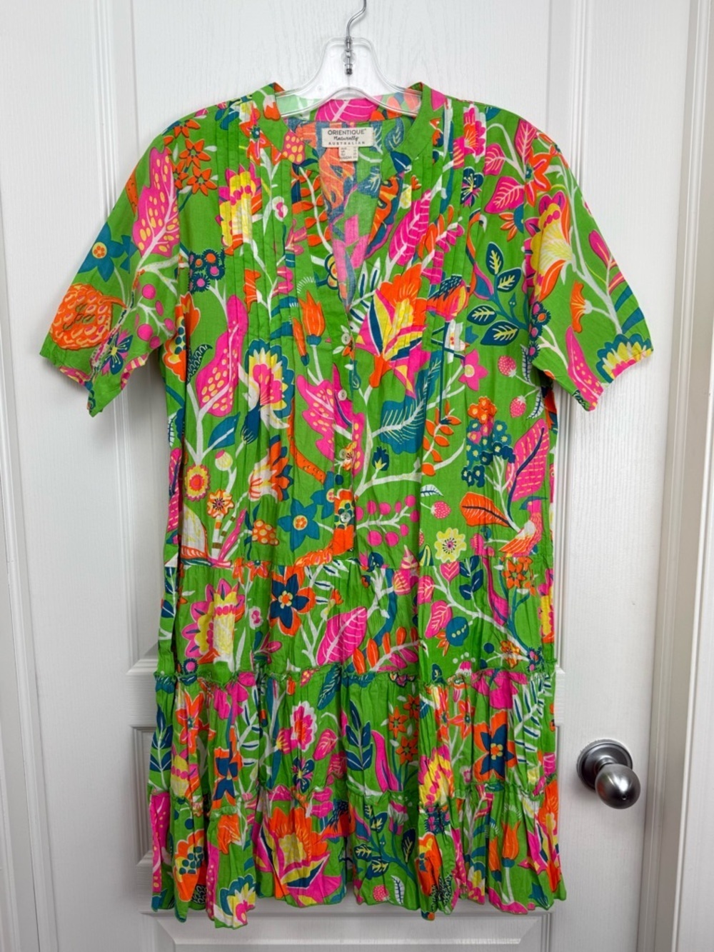 Orientique Australia Floral Pleated Crinkle Dress Size XS Green Organic Cotton